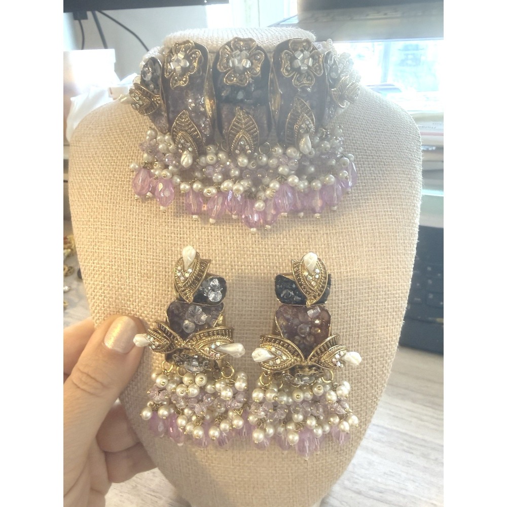 Indian Choker Necklace and Earrings Set Antique Gold Tone Lavender Pearl Crystal